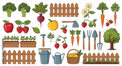 Comprehensive collection of gardening tools, fresh vegetables, fruits, and rustic elements like a wooden fence on a white background.