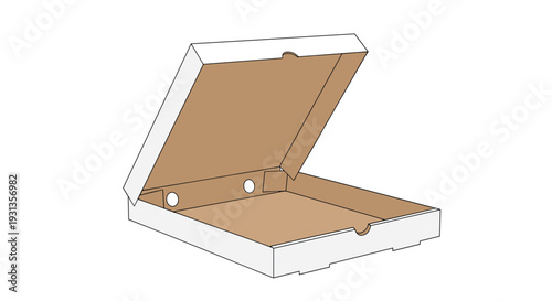 Simple three dimensional illustration of an open and empty white cardboard pizza delivery box viewed from a side angle.