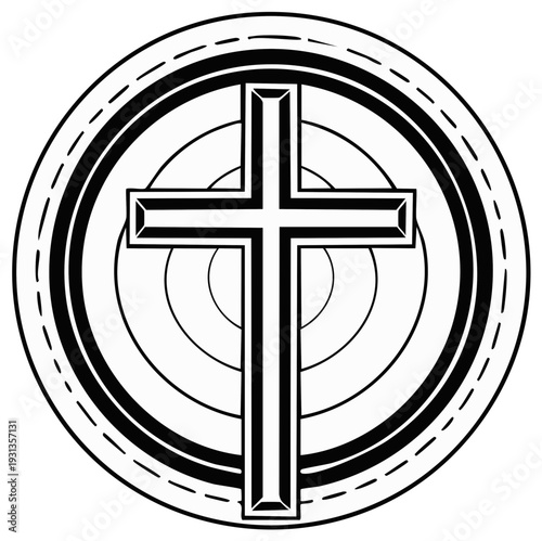 Christian Cross Symbol Within Concentric Circles Emblematic Design
