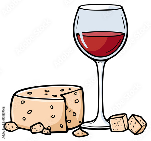 Cartoon illustration of a wine glass, round cheese, and cheese cubes, food concept.