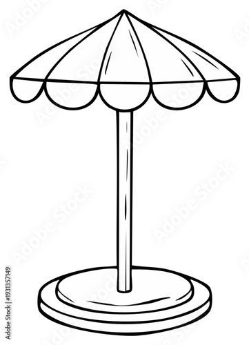 Line drawing of a vintage parasol on a circular base with a central pole