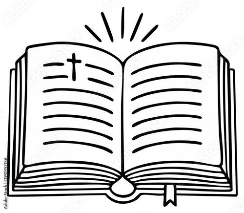 Open Bible with Cross and Rays of Light Religious Symbol