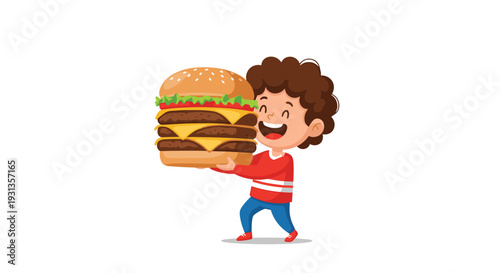 Happy young boy with curly hair smiling broadly while holding a massive triple decker cheeseburger with fresh ingredients.