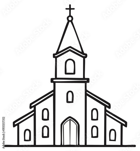 Simple Outline Drawing of a Traditional Church Building with Steeple and Arched Windows