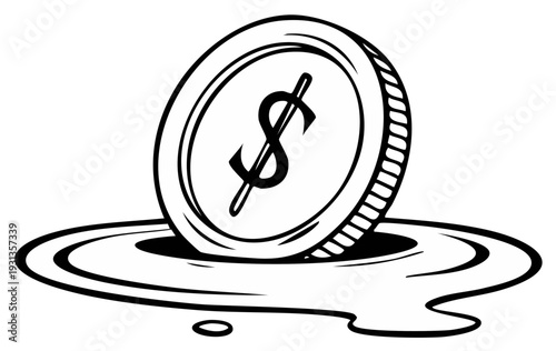 Stylized dollar coin melting into liquid portraying economic crisis and financial loss