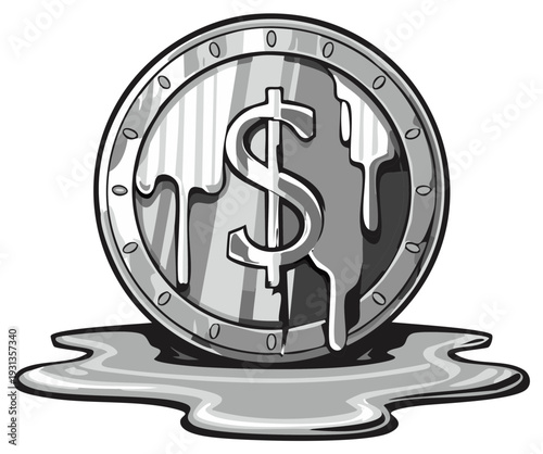 Melting Silver Coin with Dollar Sign Symbolizing Economic Downturn and Financial Crisis