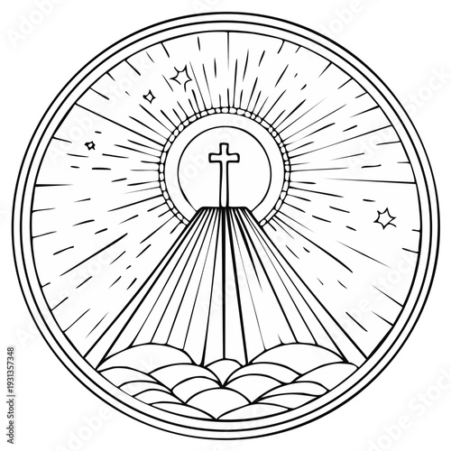 Christian cross on a path leading to divine light in a celestial scene