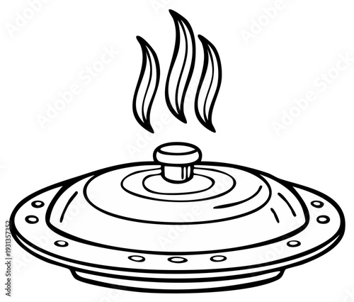 Stylized Line Drawing of a Covered Pot Emitting Wisps of Steam Indicating Hot Food Being Served