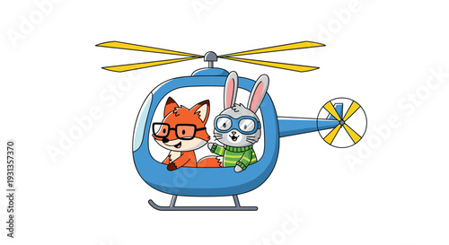Adorable cartoon fox and rabbit wearing aviator goggles fly a small blue helicopter together through a clear white sky.