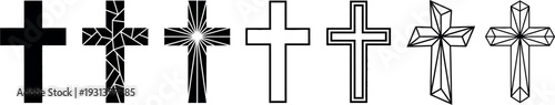 Christian Cross Variations Set with Minimalist Outline Solid Black Geometric Pattern Shattered Glass and 3D Crystal Styles Vector Icon Collection for Religious and Memorial Design