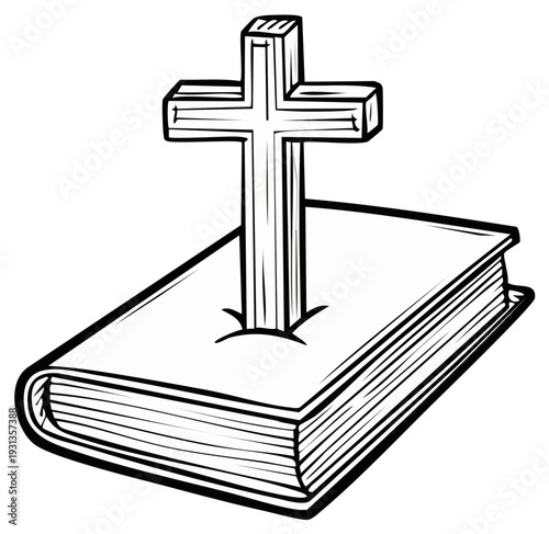 Christian Symbolism: Illustrative Black and White Cross Positioned on Thick Religious Book