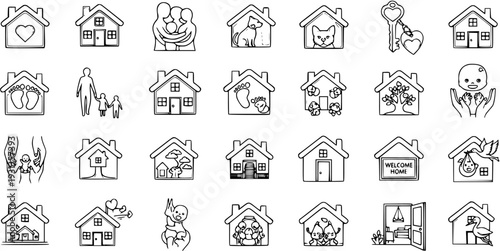 Hand-drawn line art icon set of houses and homes depicting family, love, pets, real estate, and concepts of belonging and security.