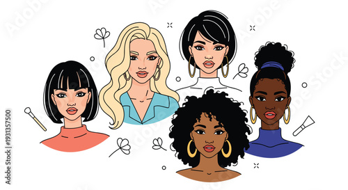 Five diverse women with various hairstyles and skin tones pose on a white background with floral decor, Generative AI.