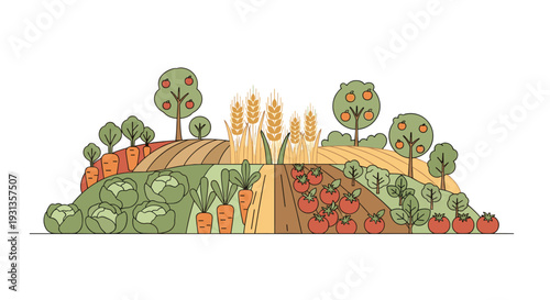A diverse agricultural landscape depicts various crops like cabbage carrots wheat and tomatoes on terraced fields, Generative AI.