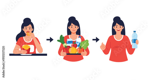 Educational sequence of a woman choosing healthy vegetables and drinking water over fast food for a healthy lifestyle.