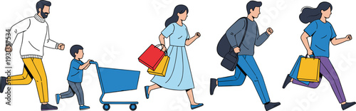 Family and Individuals Running with Shopping Bags and Cart, People with Different Shopping Styles, Fast Shopping Concept Illustration