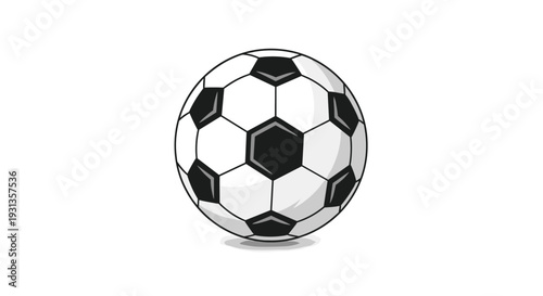 Classic black and white soccer ball with pentagonal patterns and soft shading sitting on a clean white background.