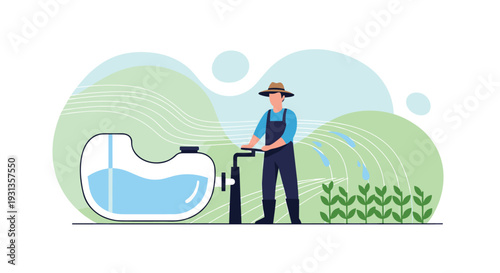A farmer waters plants in a field using a hand pump connected to a large water tank for agricultural irrigation, Generative AI.