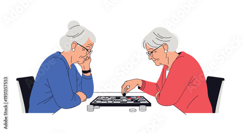 Two senior women with glasses sitting at a table and focusing intently on their strategic game of checkers or draughts.