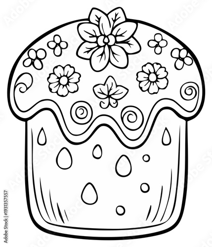 Hand drawn traditional Easter cake kulich with floral icing for a coloring book page