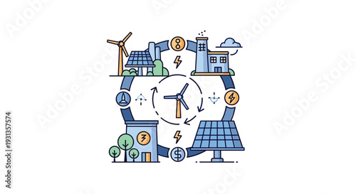 Renewable energy cycle diagram showcasing power generation from wind turbines and solar panels connecting to factories and grids, Generative AI.