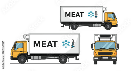 Delivery truck for transporting meat products shows various view angles with a refrigeration unit and a snowflake icon for frozen storage.