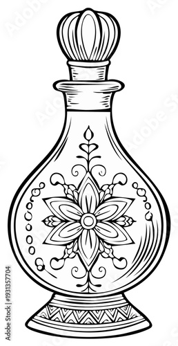 Ornate perfume bottle illustration featuring floral design and decorative stopper in black and white, vintage style