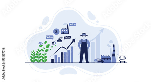 Farmer stands before an agricultural value chain illustration showing plant growth industrial processing and market value increase, Generative AI.
