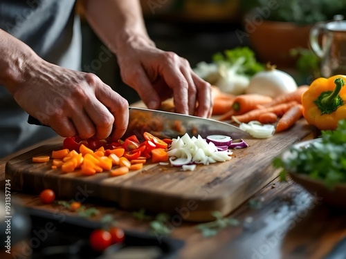 Hands Chopping Fresh Vegetables on Wooden Board