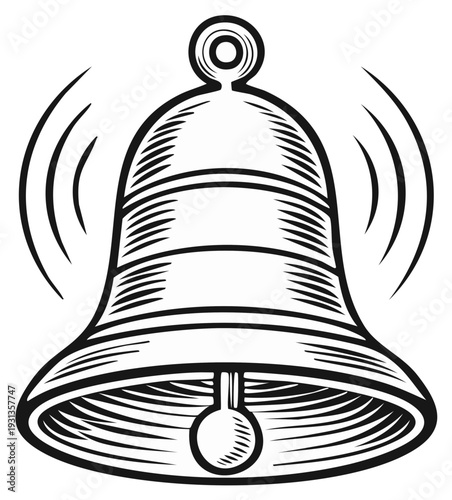 Vintage bell ringing with sound waves, symbol of alarm, announcement, or celebration
