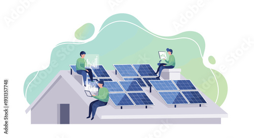 Men analyze roof solar panel data using laptops with green abstract shapes, Generative AI.