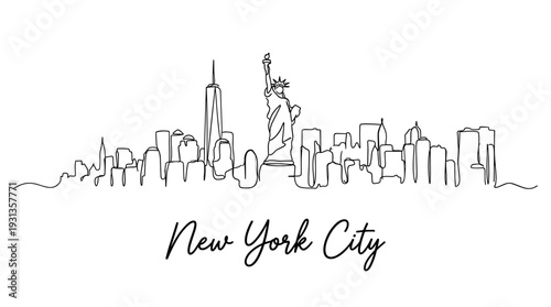 New York City skyline and Statue of Liberty continuous line drawing vector illustration