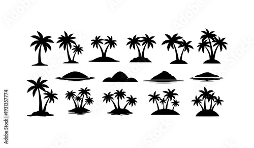 Beach and Palm Tree Silhouettes with Tropical Island Elements Isolated on White Background