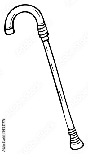 Black and white illustration of a curved walking cane with ribbed details