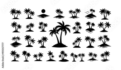 Sea Beach and Palm Tree Silhouette Mega Collection with Tropical Island Vector Elements