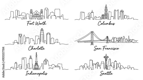Collection of six American city skylines in minimalist continuous line art style vector