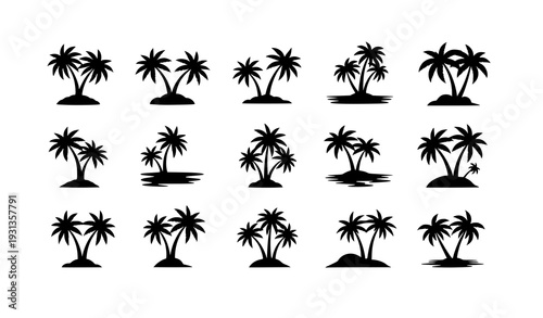 Tropical Beach Island and Palm Tree Silhouette Vector Collection Isolated on White
