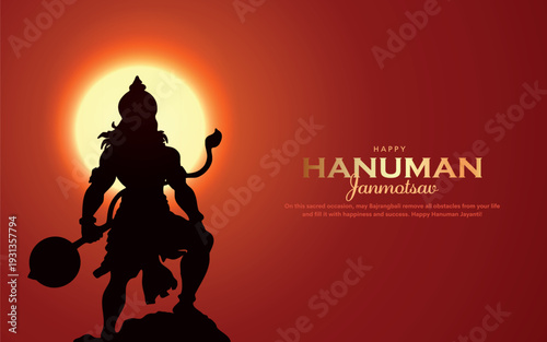 Happy Hanuman Jayanti Janmotsav Greeting Design, Lord Hanuman Silhouette Background. A Hindu festival celebrated of lord hanuman birthday.