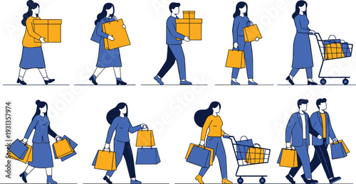 People Carrying Shopping Bags and Boxes Walking with Cart in Retail Store Flat Vector Illustration Set