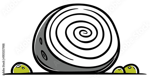 Cartoon snail with swirling shell and small green plants in vector art style