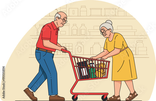 Senior Couple Shopping Together with Grocery Cart, Elderly People Enjoying Retail Experience, Vector Illustration for Health and Family Themes