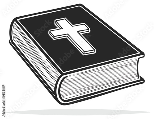 Black and white illustration of Bible book with a cross symbol