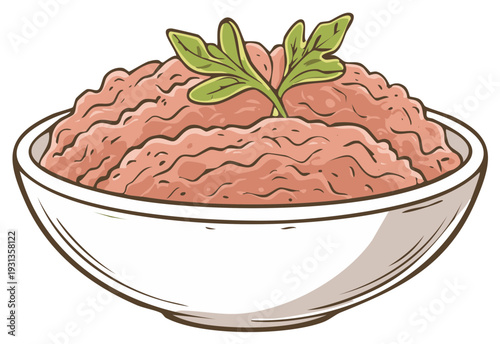 Ground Meat in Bowl Garnished with Green Herbs, Protein Ingredient for Food Preparation