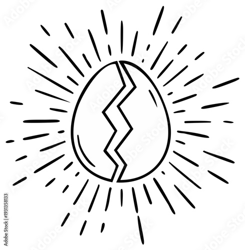 Hand drawn cracked egg breaking open with radiant burst lines concept of new beginnings