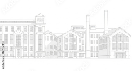Architectural sketch of a row of historic buildings.