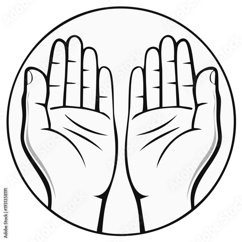 Open Hands Reaching Upward in a Circular Emblem Concept for Prayer or Hope