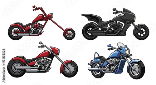 Four different styles of custom motorcycles displayed together.