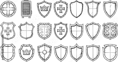 Heraldic Shields and a Radiator Illustration: A Collection of Emblems and Modern Appliance