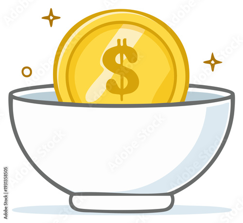 Gold coin with dollar sign rests in a white bowl surrounded by sparkle effects, simple vector illustration