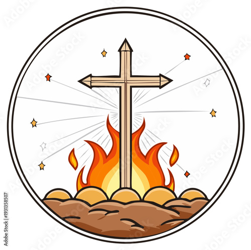 Religious Cross Burning with Flames and Stars in a Circular Emblem